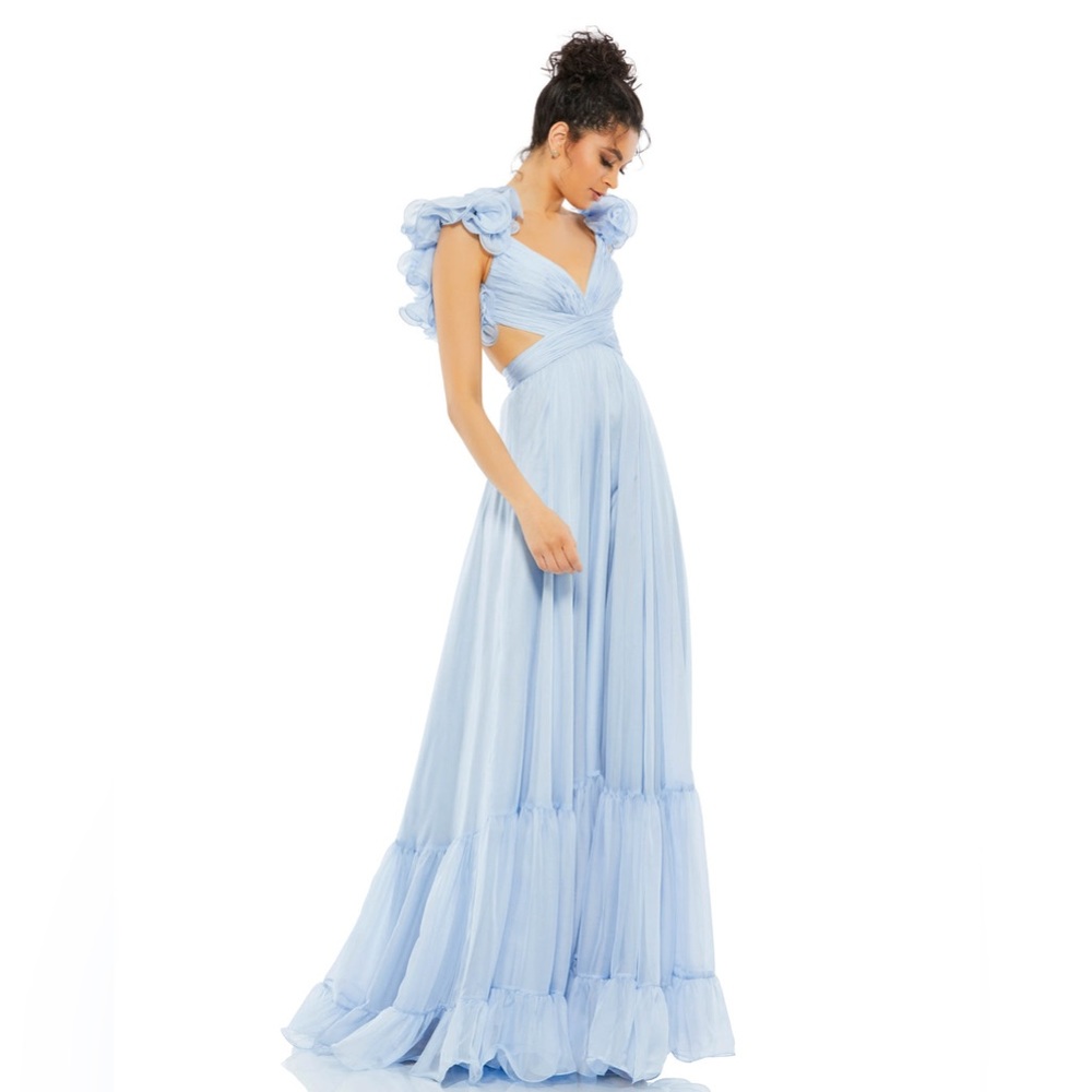 MAC DUGGAL RUFFLE TIERED CUT-OUT CHIFFON GOWN